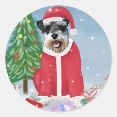 Schnauzer Dog in Snow Christmas  Classic Round Sticker