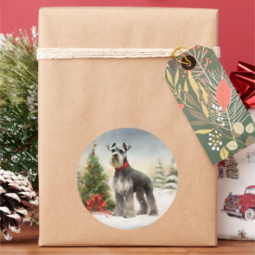 Schnauzer Dog in Snow Christmas Classic Round Sticker