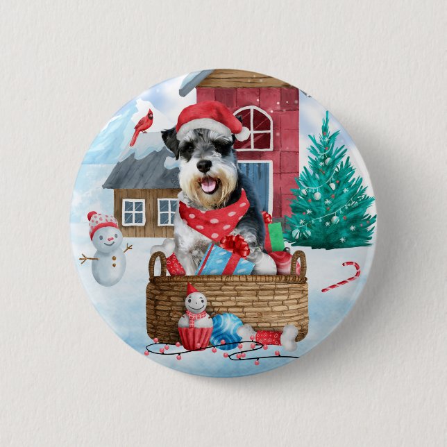 Schnauzer Dog In snow Christmas Dog House Button (Front)