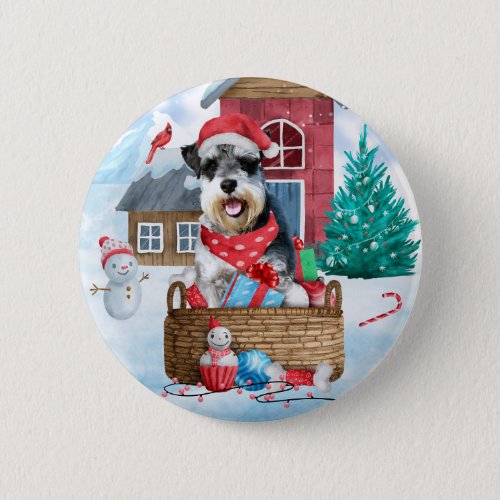 Schnauzer Dog In snow Christmas Dog House Button