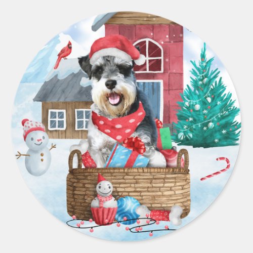 Schnauzer Dog In snow Christmas Dog House Classic Round Sticker