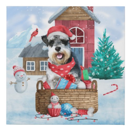 Schnauzer Dog In snow Christmas Dog House Faux Canvas Print