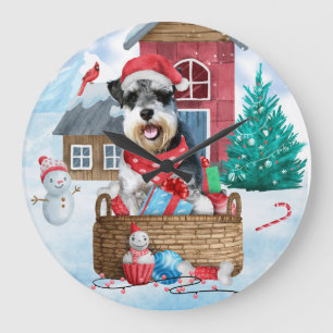 Schnauzer Dog In snow Christmas Dog House Large Clock
