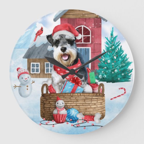 Schnauzer Dog In snow Christmas Dog House Large Clock