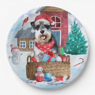 Schnauzer Dog In snow Christmas Dog House Paper Plates