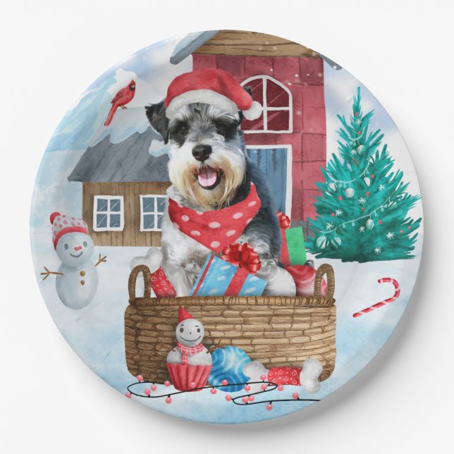 Schnauzer Dog In snow Christmas Dog House Paper Plates (Front)