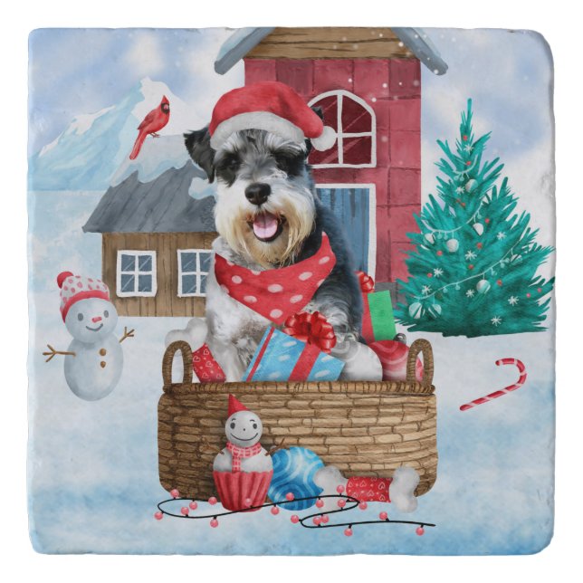 Schnauzer Dog In snow Christmas Dog House Trivet (Front)