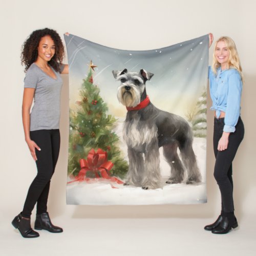 Schnauzer Dog in Snow Christmas Fleece Blanket