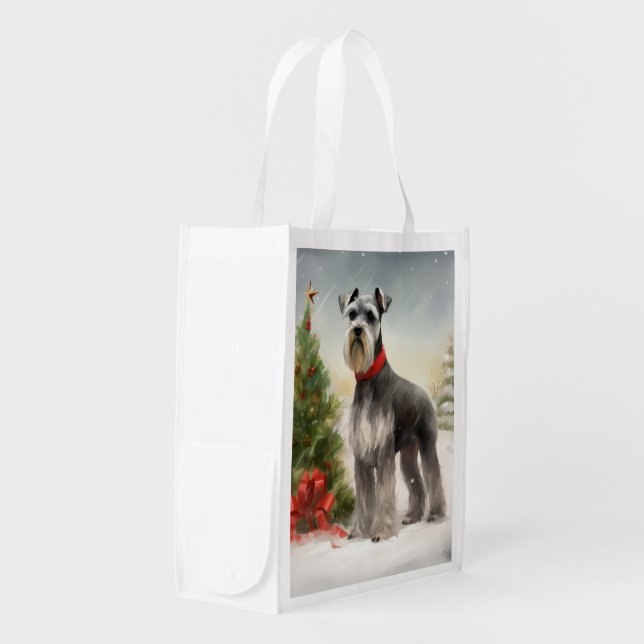 Schnauzer Dog in Snow Christmas Grocery Bag (Front Side)