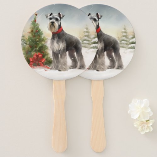 Schnauzer Dog in Snow Christmas Hand Fan