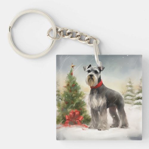 Schnauzer Dog in Snow Christmas Keychain