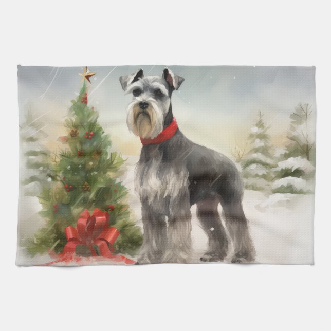 Schnauzer Dog in Snow Christmas Kitchen Towel (Horizontal)