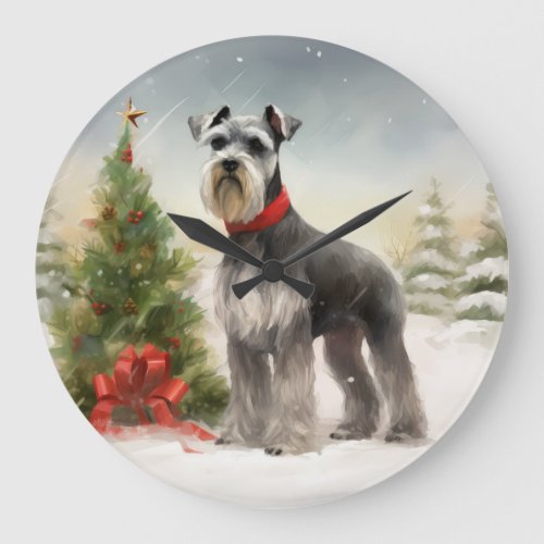 Schnauzer Dog in Snow Christmas Large Clock