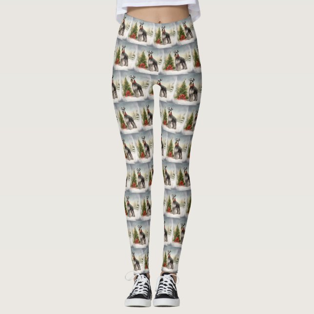 Schnauzer Dog in Snow Christmas Leggings (Front)