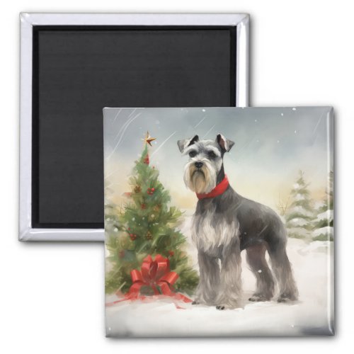 Schnauzer Dog in Snow Christmas Magnet
