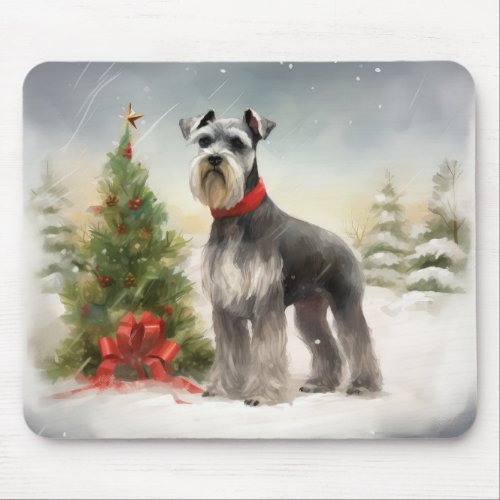 Schnauzer Dog in Snow Christmas Mouse Pad