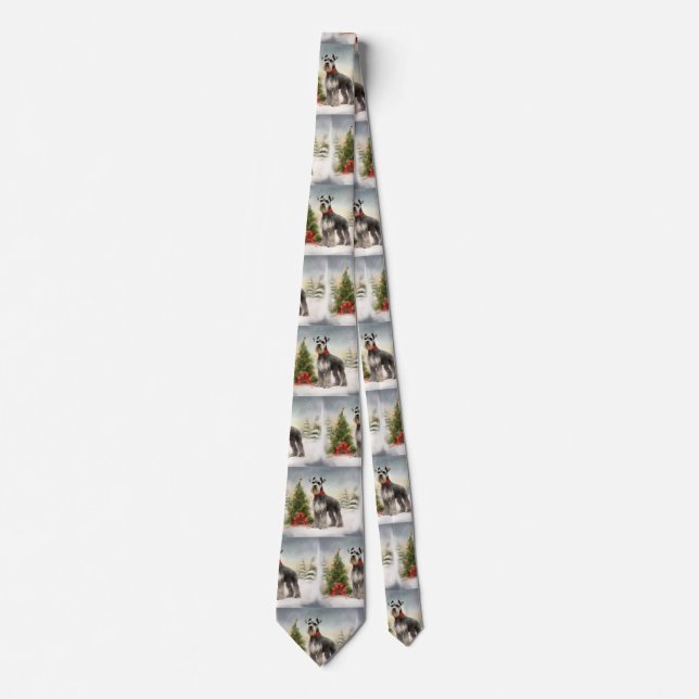 Schnauzer Dog in Snow Christmas Neck Tie (Front)