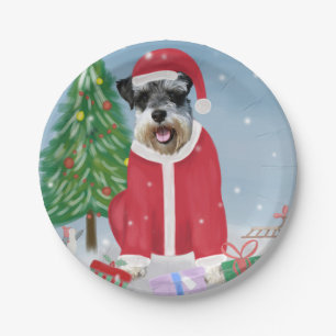 Schnauzer Dog in Snow Christmas Paper Plates
