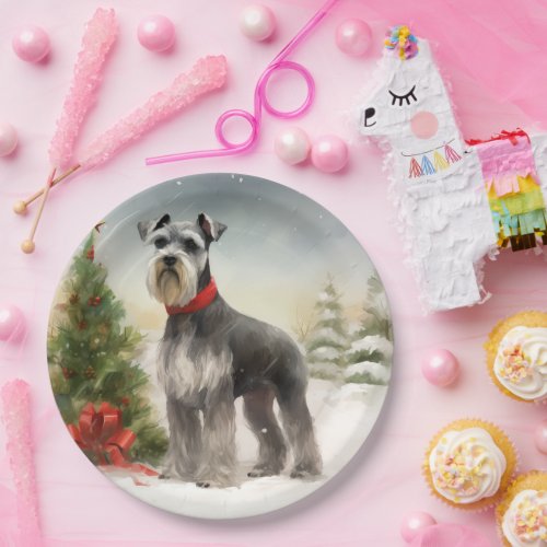 Schnauzer Dog in Snow Christmas Paper Plates