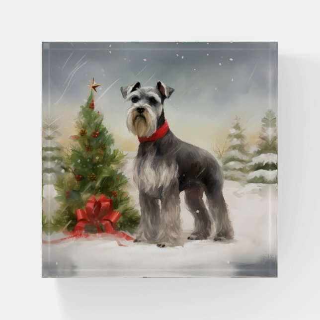 Schnauzer Dog in Snow Christmas Paperweight (Front)