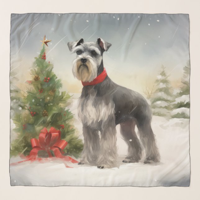 Schnauzer Dog in Snow Christmas Scarf (Front)