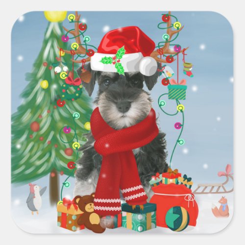 Schnauzer Dog in Snow Christmas  Square Sticker