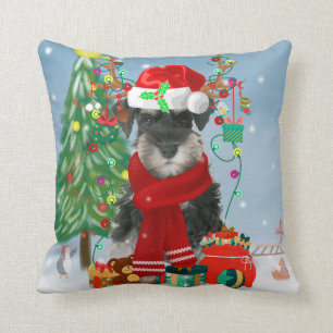 Schnauzer Dog in Snow Christmas Throw Pillow