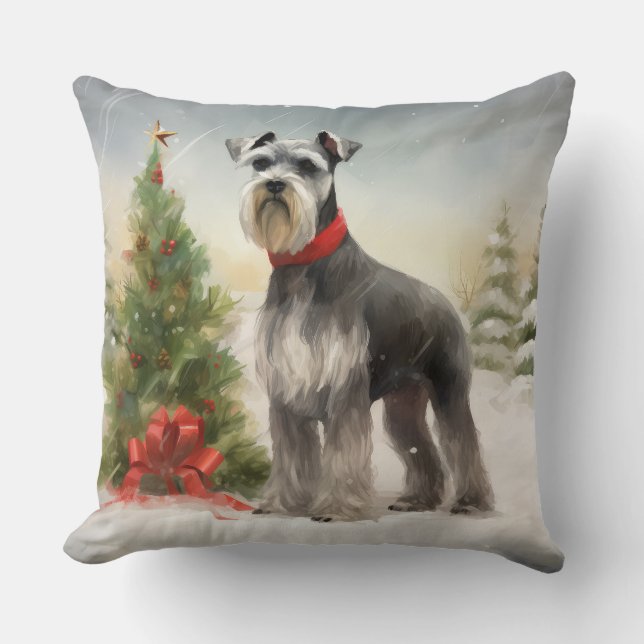 Schnauzer Dog in Snow Christmas Throw Pillow (Front)