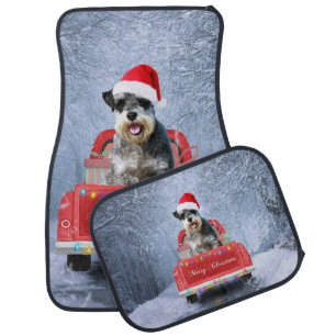 Schnauzer Dog in Snow sitting in Christmas Truck Car Floor Mat