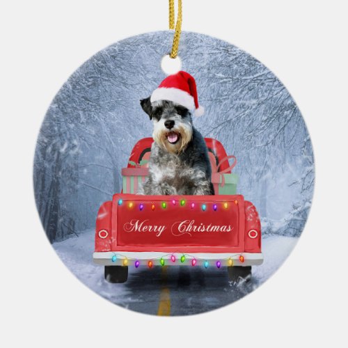  Schnauzer Dog in Snow sitting in Christmas Truck  Ceramic Ornament