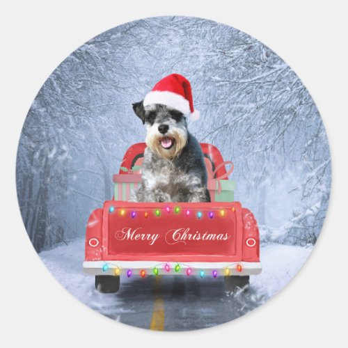  Schnauzer Dog in Snow sitting in Christmas Truck Classic Round Sticker