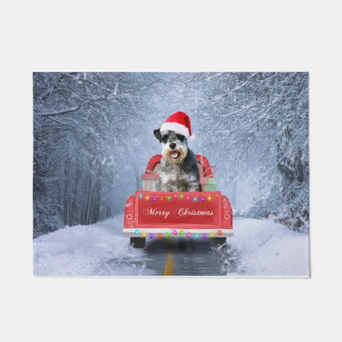  Schnauzer Dog in Snow sitting in Christmas Truck  Doormat