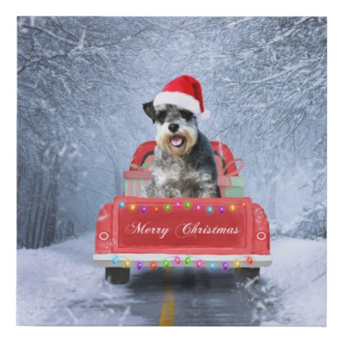  Schnauzer Dog in Snow sitting in Christmas Truck  Faux Canvas Print