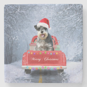 Schnauzer Dog in Snow sitting in Christmas Truck  Stone Coaster