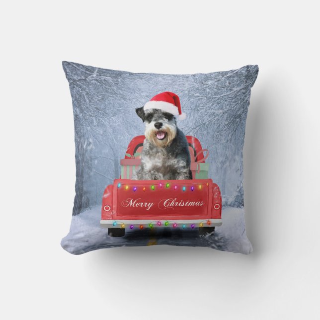  Schnauzer Dog in Snow sitting in Christmas Truck  Throw Pillow (Front)