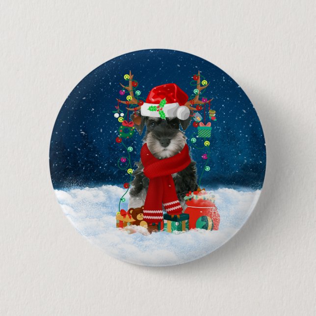 Schnauzer Dog in Snow with Christmas Gifts  Button (Front)