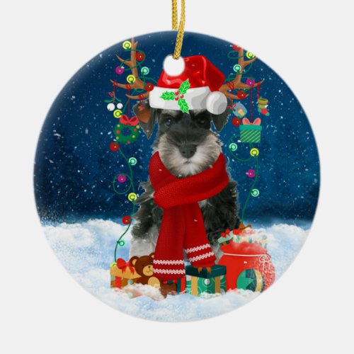 Schnauzer Dog in Snow with Christmas Gifts  Ceramic Ornament