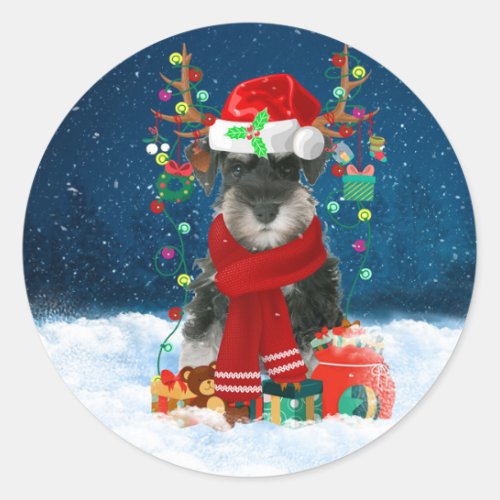 Schnauzer Dog in Snow with Christmas Gifts  Classic Round Sticker