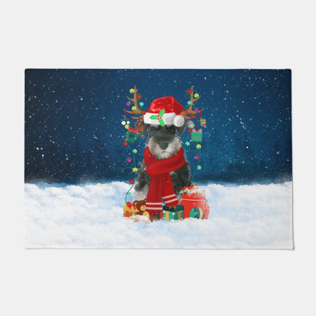 Schnauzer Dog in Snow with Christmas Gifts  Doormat (Front)
