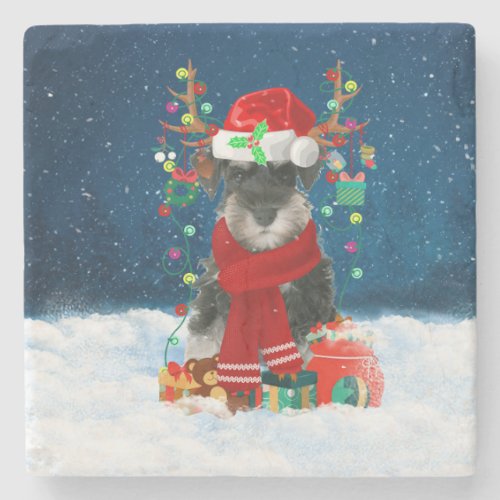 Schnauzer Dog in Snow with Christmas Gifts  Stone Coaster