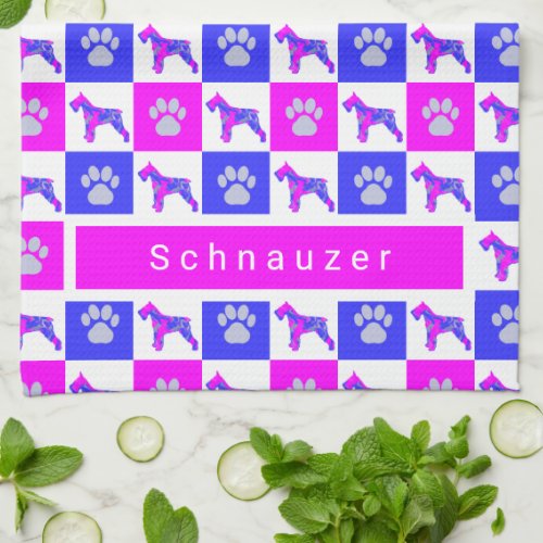 Schnauzer Dog  Paw Hot Pink  Blue Tea Towel