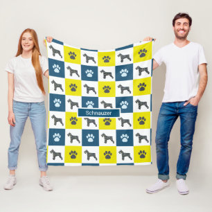 Schnauzer Dog & Paw Print Yellow Grid Silhouette Fleece Blanket
