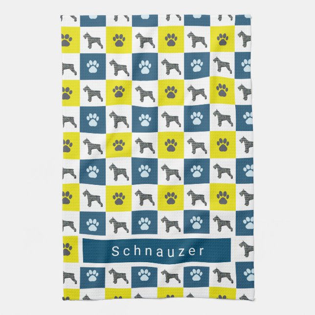 Schnauzer Dog & Paw Yellow & Blue Grid Tea Towel (Vertical)