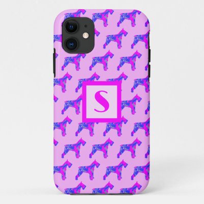 Schnauzer Dog Pink &amp; Blue Silhouette Monogram iPhone 11 Case