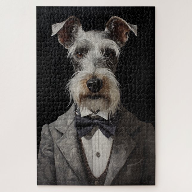 Schnauzer Dog Portrait Grey Suit Bow Tie Jigsaw Puzzle (Vertical)