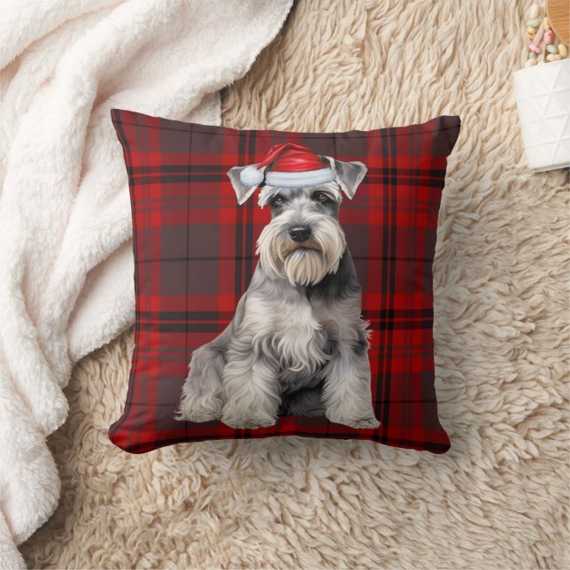 Schnauzer Dog Seasonal Red Plaid Christmas Holiday Throw Pillow (Blanket)