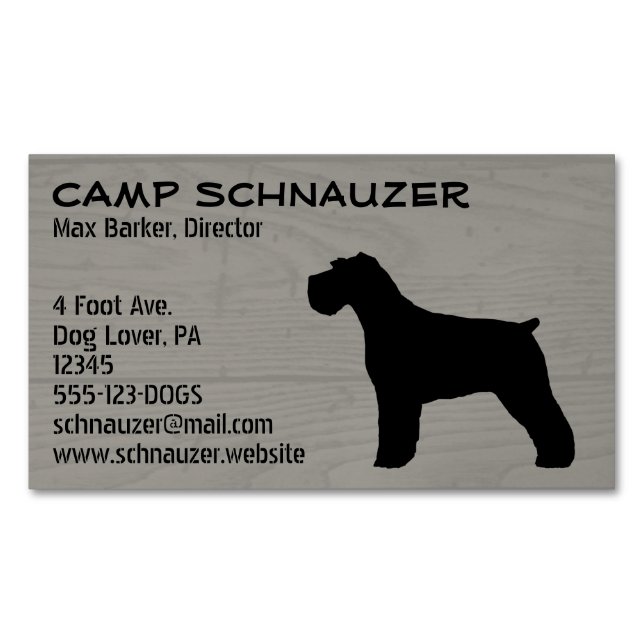 Schnauzer Dog Silhouette (Natural Ears) Faux Wood Business Card Magnet (Front)
