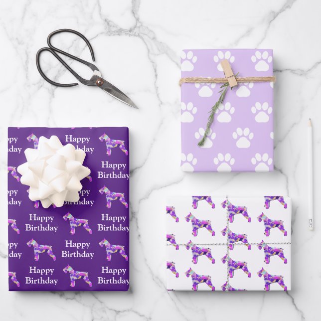 Schnauzer Dog Silhouette Purple Happy Birthday Wrapping Paper Sheets (Front)