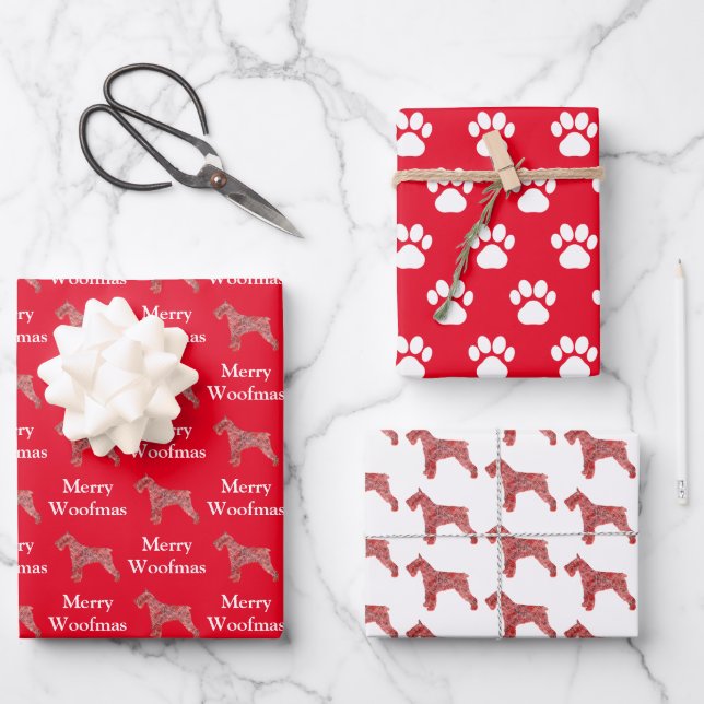 Schnauzer Dog Silhouette Red Merry Woofmas Wrapping Paper Sheets (Front)