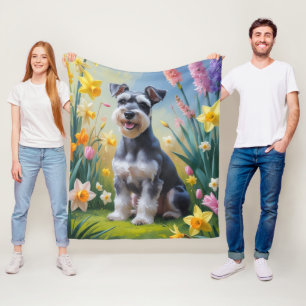 Schnauzer Dog Spring Flowers Painting  Fleece Blanket